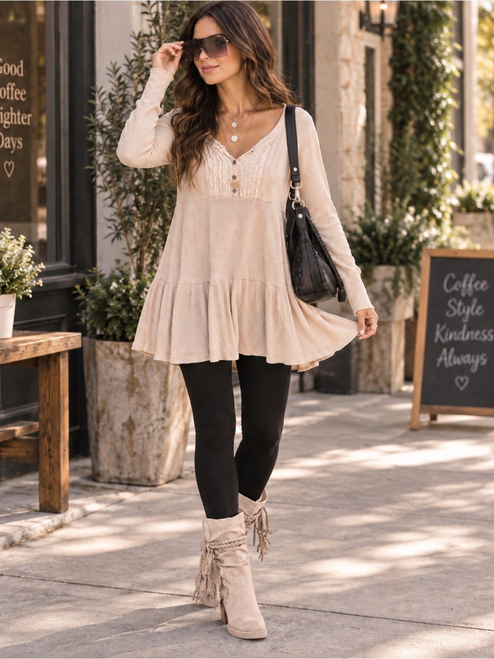 Free People Long Sleeve Tiered Babydoll Waffle Knit Dress in Light Beige